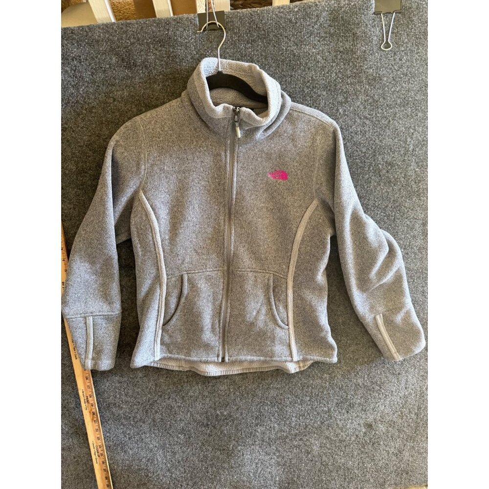 The North Face Girls Full-Zip Gray Fleece Jacket With Pink Logo M